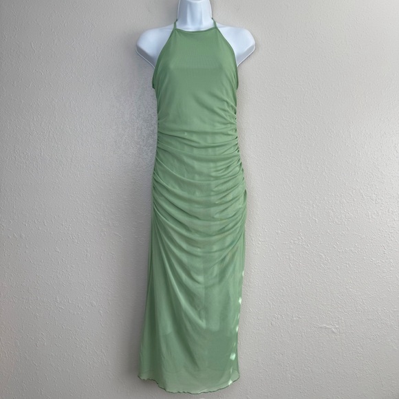 See You Monday green mesh ruched halter maxi bodycon dress M - Picture 10 of 10